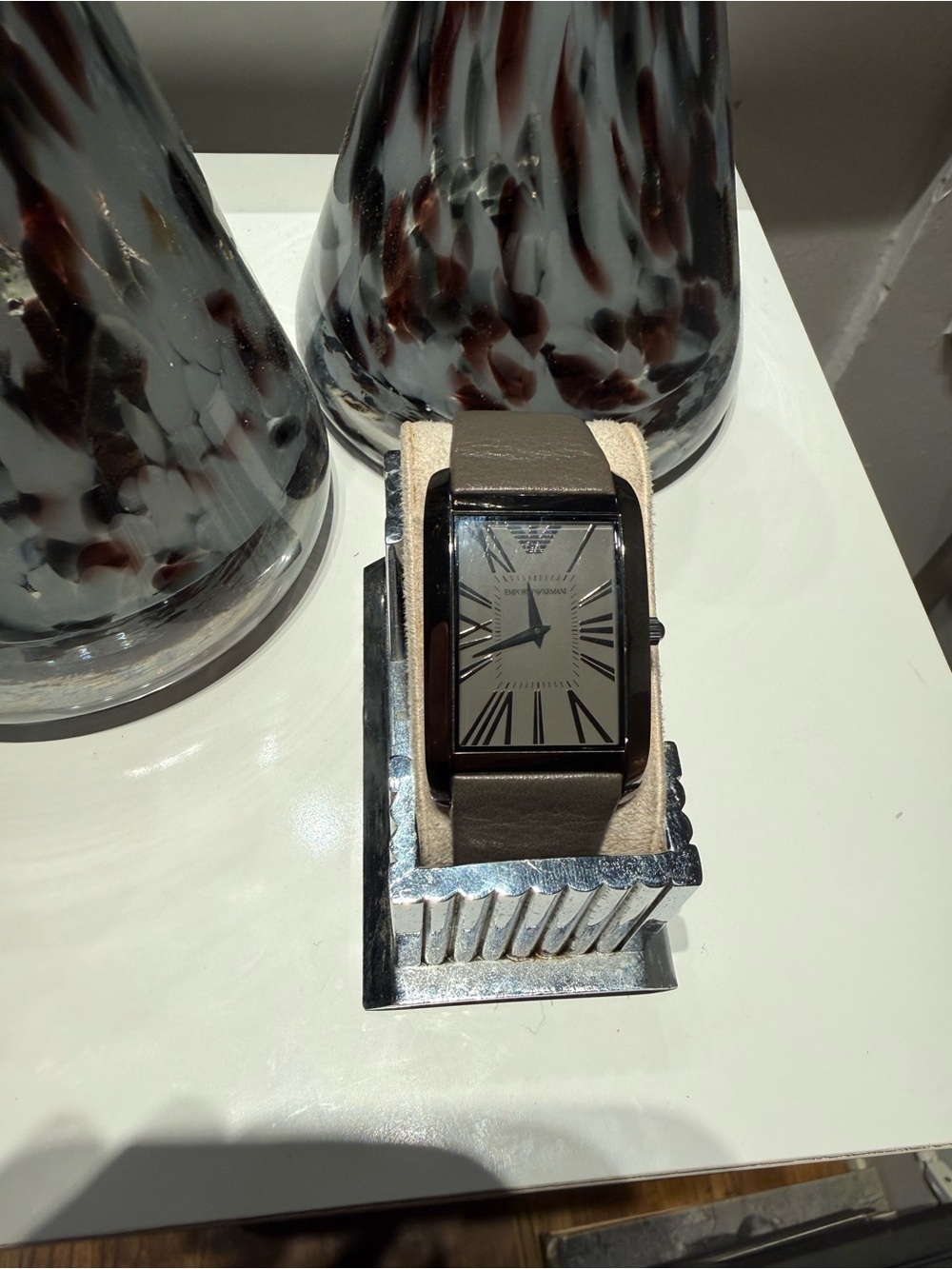 Armani Black Stainless Rectangular Roman Numeral Watch - Gray Leather Strap